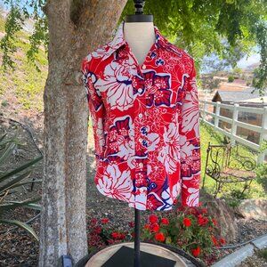 70's Floral Patriotic Polyester Blouse - Size Medium